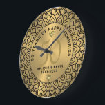 Black mandala on gold 50th wedding Anniversary Large Clock<br><div class="desc">Black ornate mandala circle on gold tones background,  customisable gold wedding Anniversary. Celebrating 50 years of happy memories customisable text.</div>