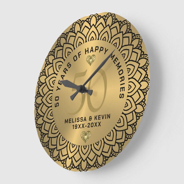Black mandala on gold 50th wedding Anniversary Large Clock (Angle)