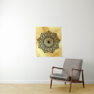Black Mandala on Gold Background Small Tapestry