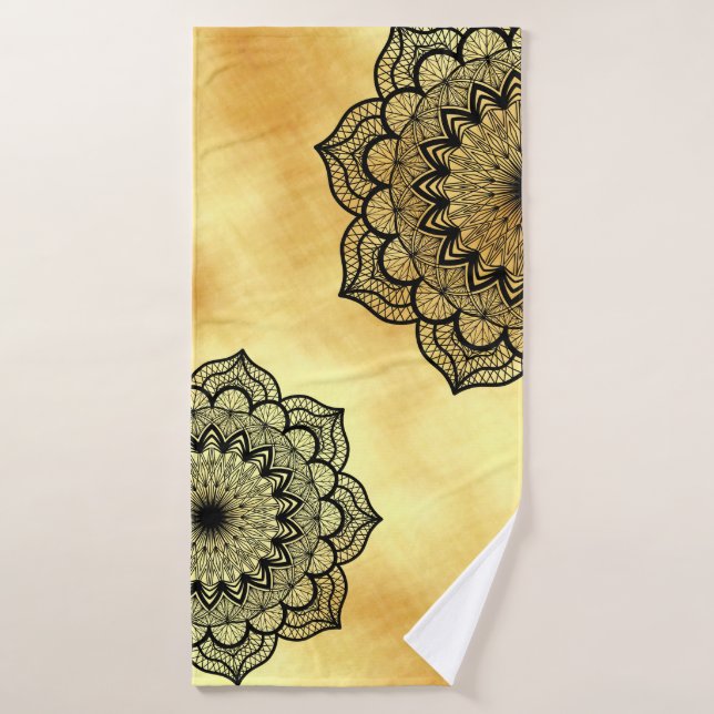 Black Mandala on Soft Gold Background Bath Towel (Bath Towel)