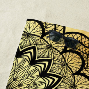 Black Mandala on Soft Gold Background Beach Towel