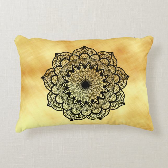 Black mandala on soft gold background decorative cushion (Front)
