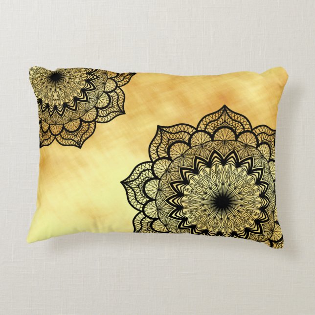 Black Mandala on Soft Gold Background Decorative Cushion (Back)