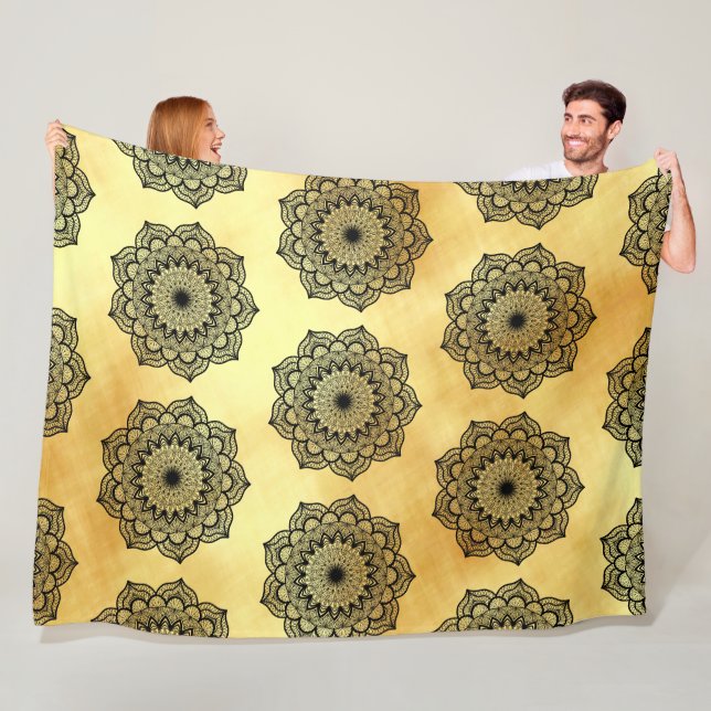 Black Mandala on Soft Gold Background Fleece Blanket (In Situ)