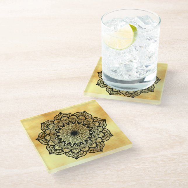 Black Mandala on Soft Gold Background Glass Coaster (Angled)