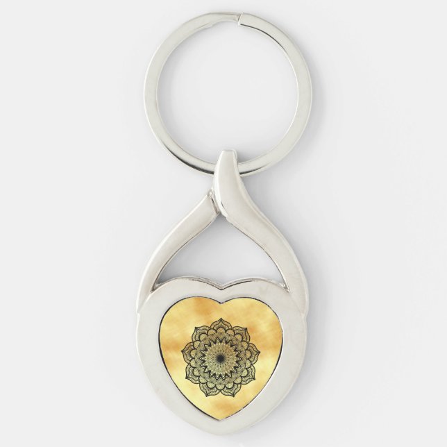 Black mandala on soft gold background key ring (Front)