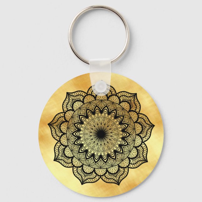 Black Mandala on Soft Gold Background Keychain (Back)