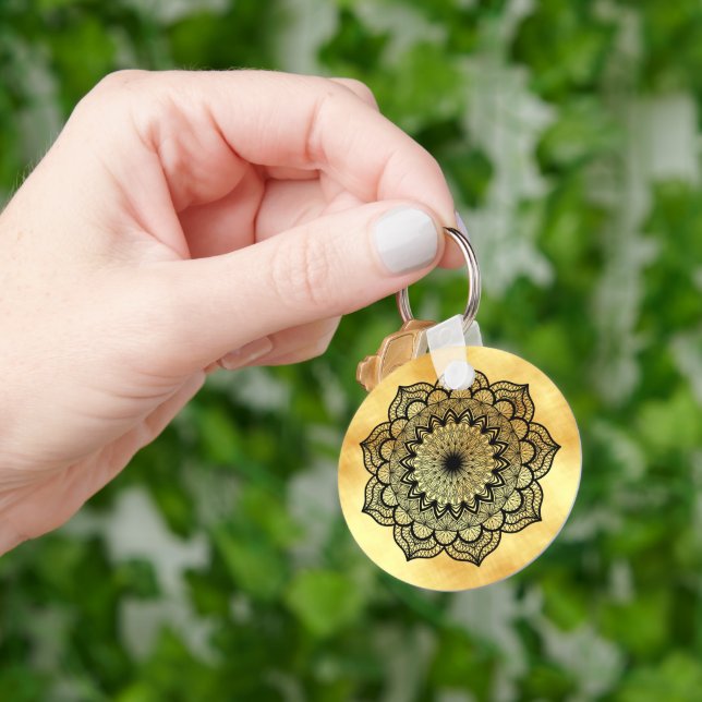 Black Mandala on Soft Gold Background Keychain (Hand)