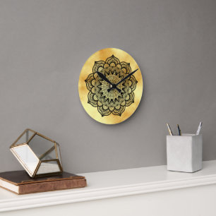 Black Mandala on Soft Gold Background Round Clock