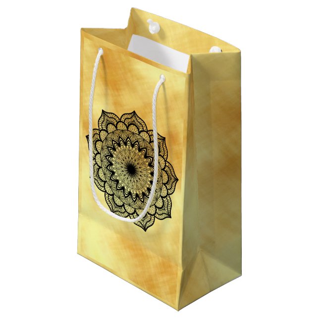 Black Mandala on Soft Gold Background Small Gift Bag (Front Angled)