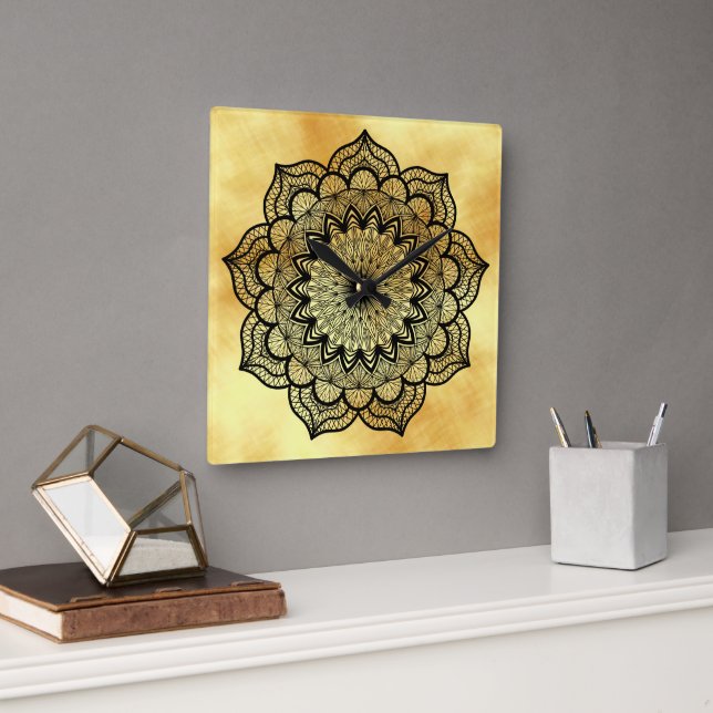 Black Mandala on Soft Gold Background Square Wall Clock (Office)