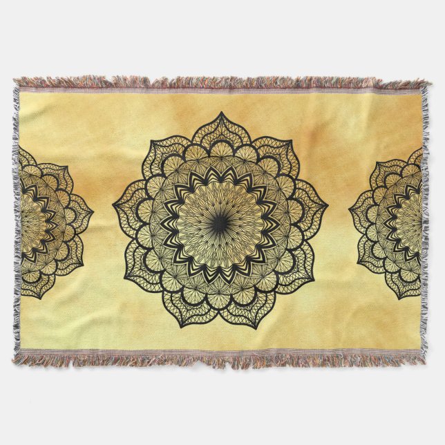 Black Mandala on Soft Gold Background Throw Blanket (Front)