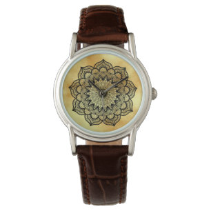 Black Mandala on Soft Gold Background Watch