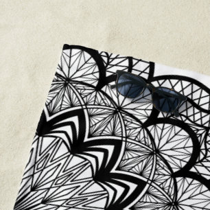 Black Mandala on White Background Beach Towel
