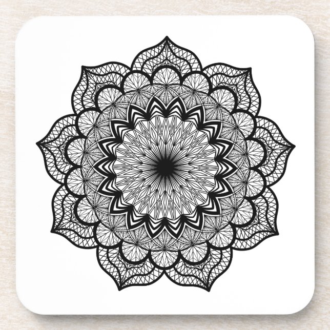 Black Mandala on White Background Coaster (Front)