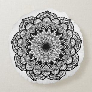 Black Mandala on White Background Round Cushion
