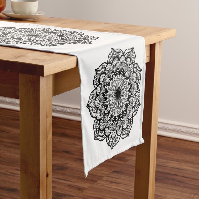 Black Mandala on White Background Short Table Runner (In Situ)