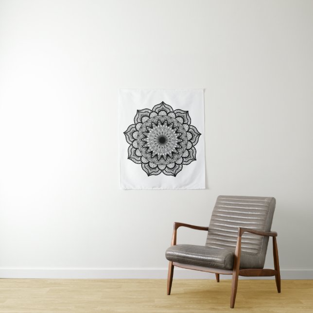 Black Mandala on White Background Small Tapestry (In Situ)