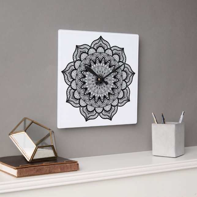 Black Mandala on White Background Square Wall Clock (Office)