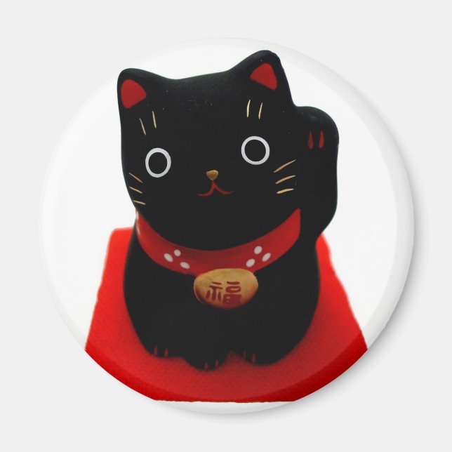 Black Maneki Neko on a Red Carpet Magnet (Front)