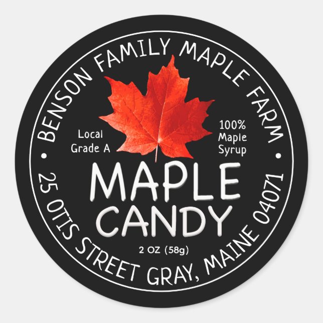 Black Maple Candy Label with Red Sugar Maple Leaf (Front)