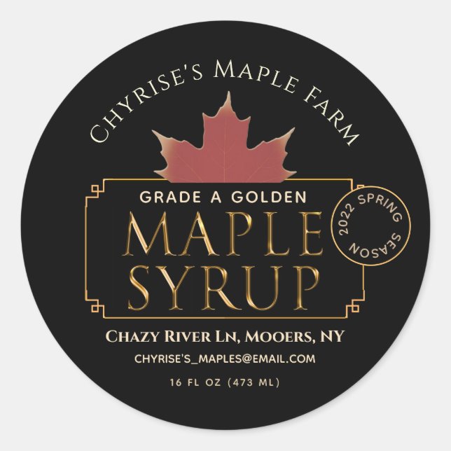 Black Maple Syrup Label with Leaf and Date (Front)