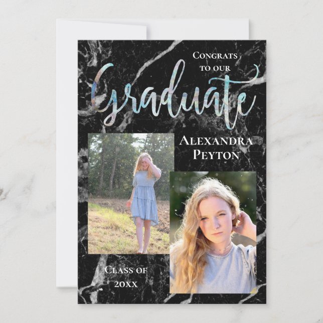 Black Marble Abalone Script Photo Graduation Invitation (Front)