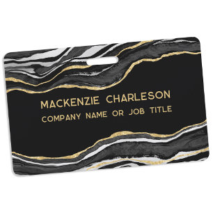 Black Marble Agate Geode Gold Business Name ID Badge