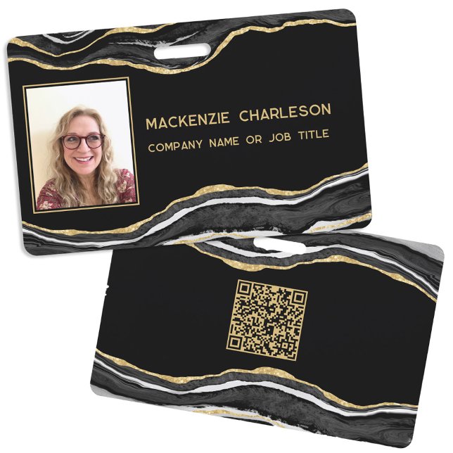 Black Marble Agate Geode QR Code Photo ID Name Badge (Black marble agate geode gold glitter effect business photo id name badge with QR code)