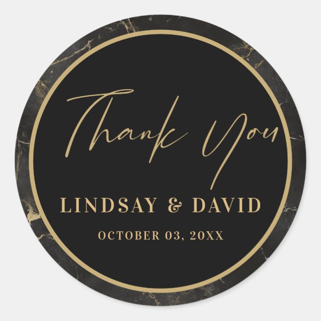 Black marble agate gold border classic round sticker (Front)