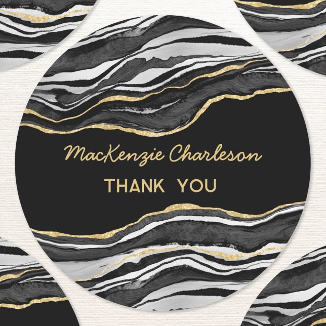 Black Marble Agate Gold Geode Thank You Business Classic Round Sticker (Black marble agate geode gold effect modern business thank you sticker)