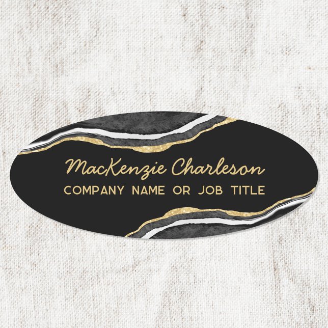 Black Marble Agate Gold Glitter Business Name Tag (Black watercolor agate marble business name tag badge with custom text)