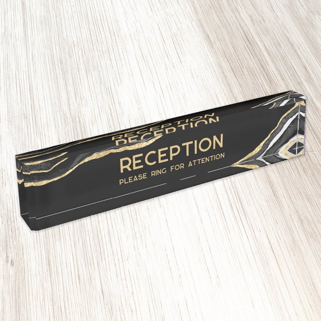Black Marble Agate Gold Glitter Business Reception Nameplate (Black marble agate faux gold custom text reception please ring for attention business desk nameplate)
