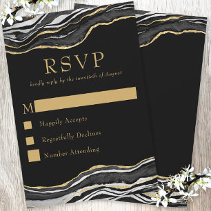 Black Marble Agate Gold Glitter Elegant Wedding RSVP Card