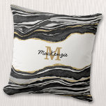 Black Marble Agate Gold Glitter Monogram Cushion<br><div class="desc">Black and white monochrome watercolor agate marble design with faux gold detail.  Change the name and monogram initial to personalise.</div>