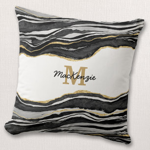Black Marble Agate Gold Glitter Monogram Cushion