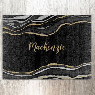 Black Marble Agate Gold Glitter Personalised Cutting Board