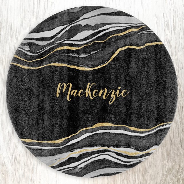Black Marble Agate Gold Glitter Personalised Cutting Board (Black agate marble gold glitter effect personalized name cutting board)