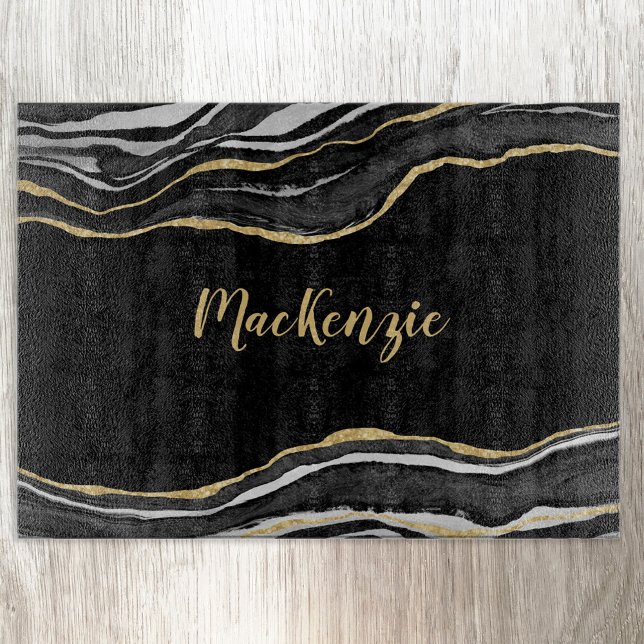 Black Marble Agate Gold Glitter Personalised Cutting Board (Creator Uploaded)