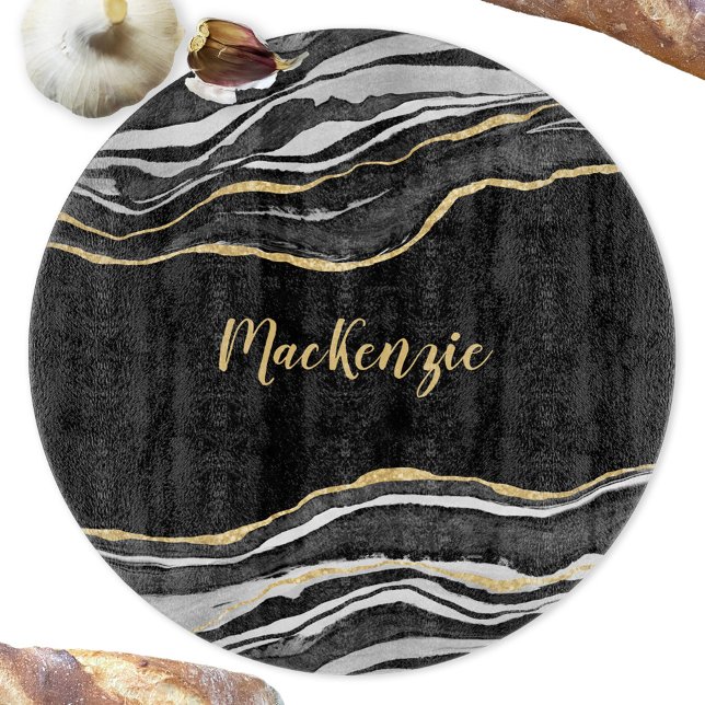 Black Marble Agate Gold Glitter Personalised Cutting Board (Black agate marble watercolor personalized name glass cutting board)