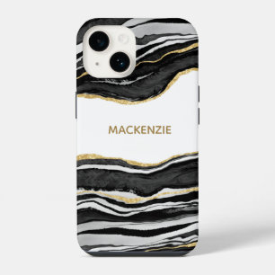 Black Marble Agate Gold Glitter Personalised iPhone 14 Case