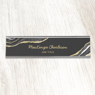Black Marble Agate Gold Glitter Professional Desk Name Plate