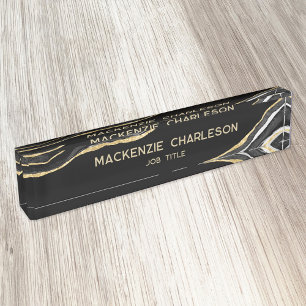 Black Marble Agate Gold Glitter Professional Nameplate