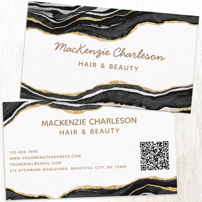Black Marble Agate Gold Glitter QR Code Business Card (Black and white agate marble faux gold custom business card with QR code)