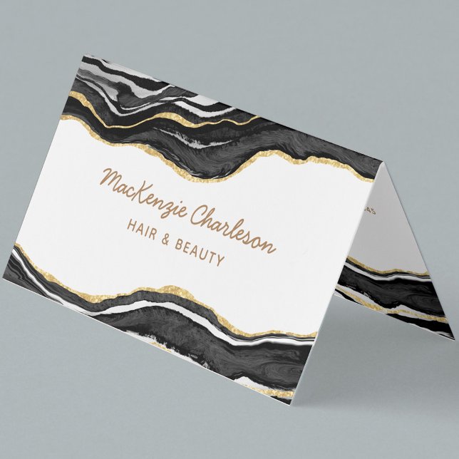 Black Marble Agate Gold Glitter QR code Business Card (Black and white agate marble with faux gold glitter custom text and QR code business card)