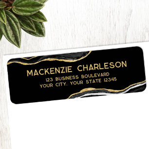 Black Marble Agate Gold Glitter Return Address Label