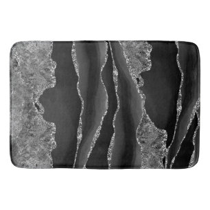 BLACK MARBLE AGATE SILVER GLITTER GLAM BATH MAT
