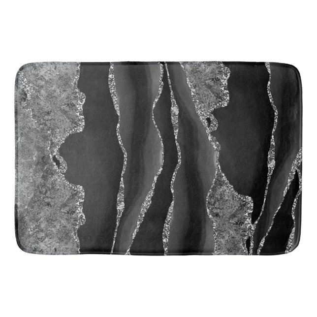 BLACK MARBLE AGATE SILVER GLITTER GLAM BATH MAT (Front)