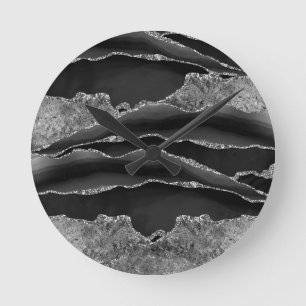 BLACK MARBLE AGATE SILVER GLITTER GLAM ROUND CLOCK