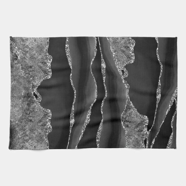 BLACK MARBLE AGATE SILVER GLITTER GLAM TEA TOWEL (Horizontal)